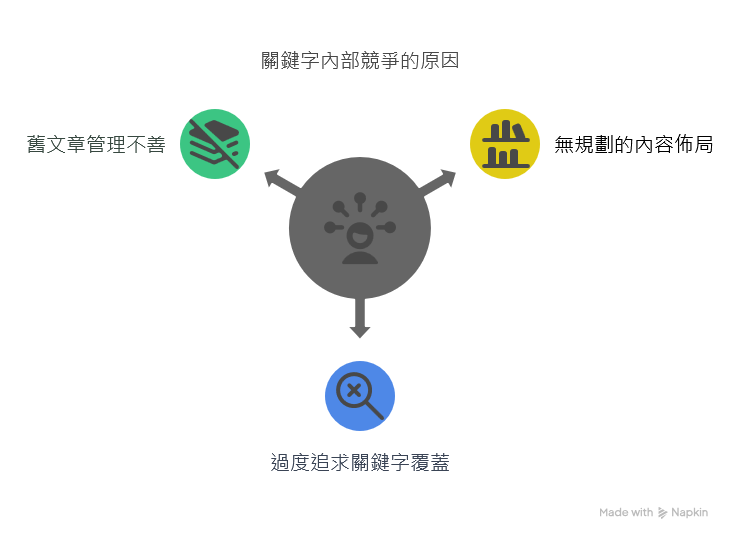 為什麼會發生關鍵字內部競爭? 由於缺乏對網站整體的「關鍵字分配」與「文章結構」管理,結果寫了多篇相似文章,皆用同樣主題與標題。 有時是歷史遺留問題:可能先前已經出過一篇「初學者 SEO 指南」,之後忘了,便又寫出另一篇相近題材。