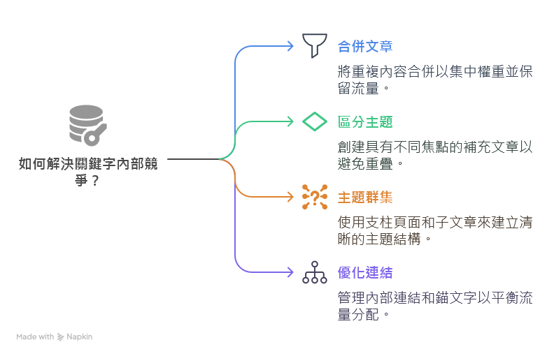 解決關鍵字內部競爭的策略 如果兩篇內容重疊度高,考慮把較優質者做「主幹文章」,將另一篇合併內容並 301 Redirect 至主文章。這樣能集中權重,也不會浪費既有流量。