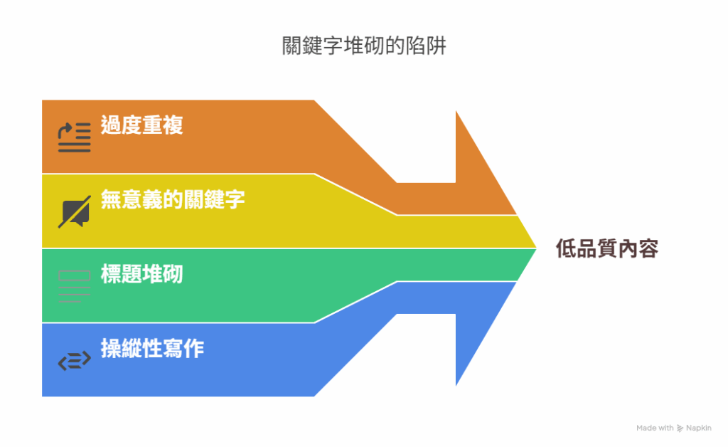 關鍵字堆砌指的是在網頁中過度、重複、不自然地插入關鍵字或片語，讓內容看起來像是為了搜尋引擎而寫，而非為了讀者。這種做法曾在早期的搜尋演算法中有效，但隨著 Google 持續優化語意理解能力，這類內容很快被視為低品質或操縱性行為。