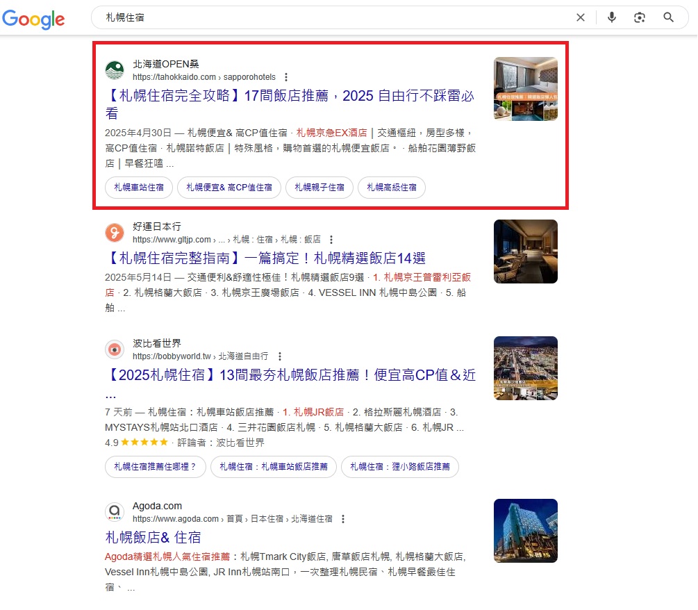 熱門關鍵字「札幌住宿」，搜尋量約22,000