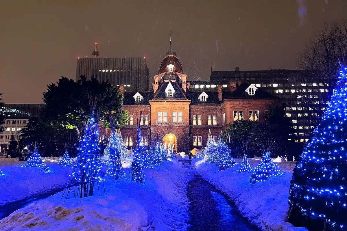 雪夜裡的札幌紅磚廳舍,藍色燈光照亮積雪(照片取自北海道OPEN桑官網)